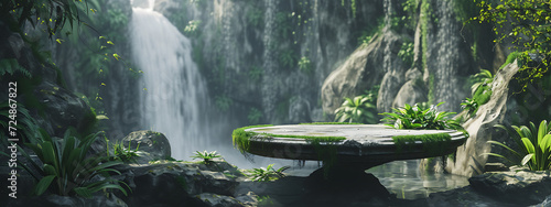 a jungle table set in a rocky area next to a waterfal