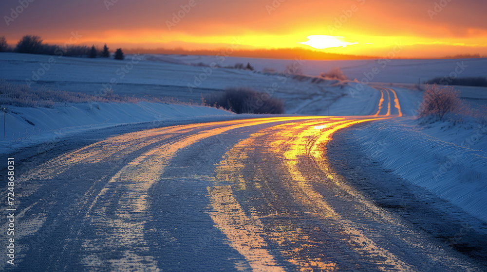 A tranquil sunrise over a snowy road, creating a beautiful but hazardous drive A tranquil sunrise over a snowy road, creating a beautiful but hazardous drive