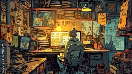 boy man at the computer in his room, graphic designer , gamer , game designer with light coming through a window