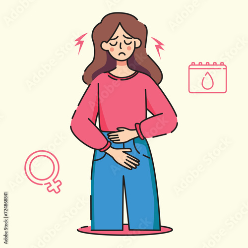 menstruating women and has a stomach pain, women period day flat design vector illustration