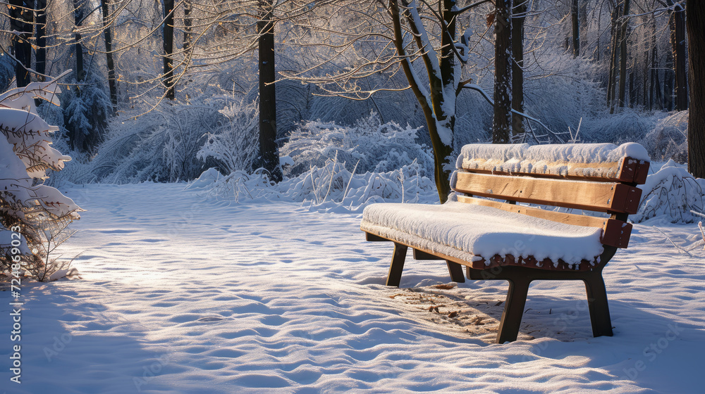 A serene winter scene featuring a snow-covered bench in a tranquil park