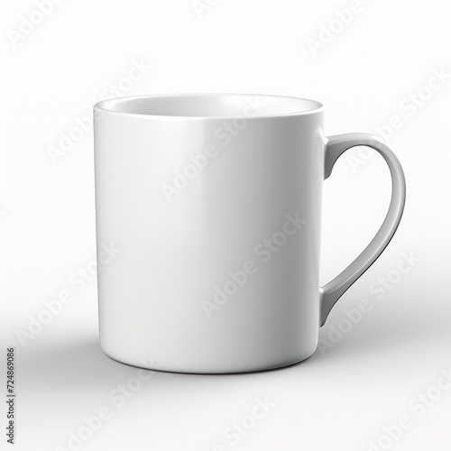 A white coffee mug with a handle is placed on a white background.