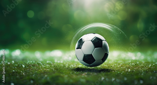 A soccer ball rests on top of a vibrant, well-maintained green field.