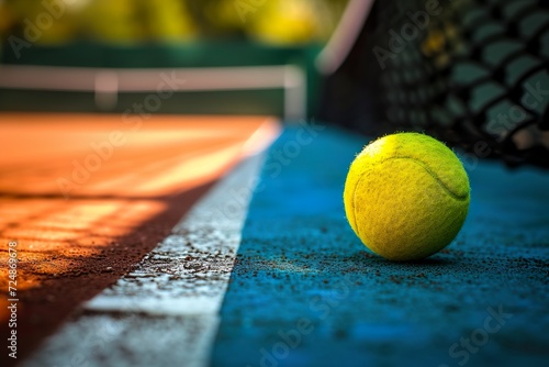 A tennis ball near the net on the court. A tennis ball rests alone on an empty court waiting for the next change of racket. Close-up of tennis ball in momentary stillness.