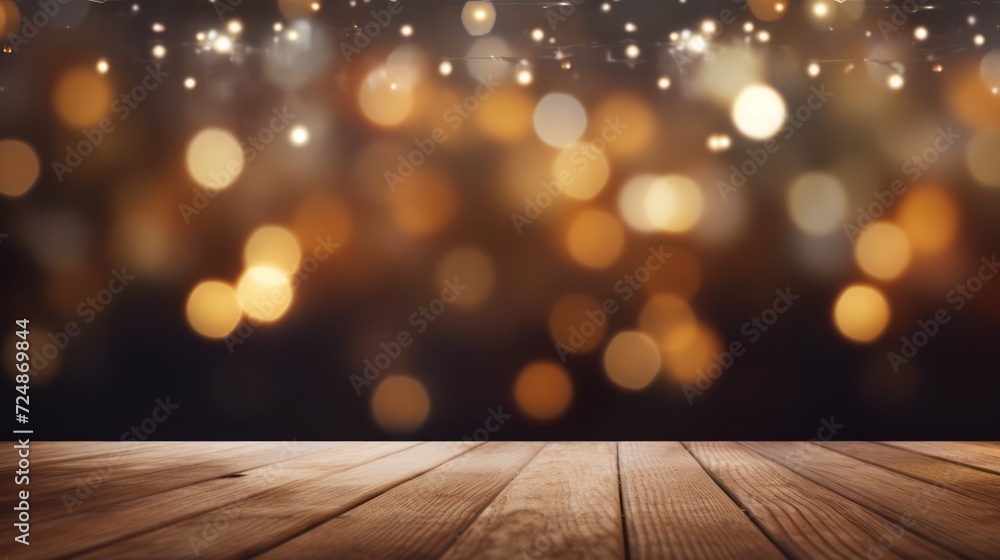Wood with a Christmas background, abstract light celebration background with defocused lights, Christmas lights on a dark background Wood with a Christmas background, abstract light celebration background with defocused lights, Christmas lights on a dark background
