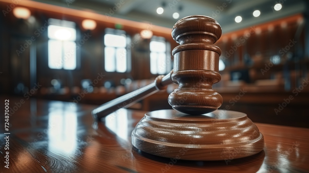 wooden judge's gavel resting on a sound block against a blurred courtroom background. wooden judge's gavel resting on a sound block against a blurred courtroom background.
