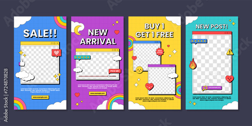 Social media stories frame template set for promotion sale with retro vibes element. Colorful 90s retro and story template