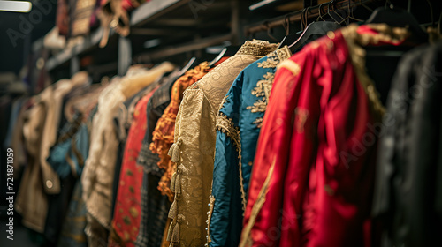 Costumes rack in theatre. Actors fashion dressing room, Actors fashion dressing room behind the scenes. performance clothing, Generative AI  photo