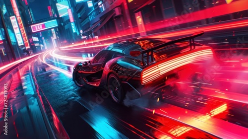 racing car in a 3d video game with neon lights
