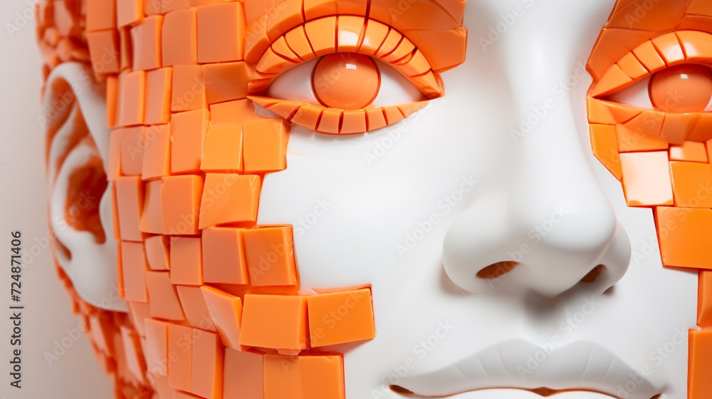 A sculpture of a humanoid tiled faced in white and orange, very abstract yet beautiful. A sculpture of a humanoid tiled faced in white and orange, very abstract yet beautiful.