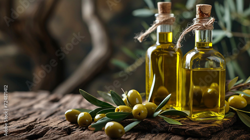 Olive oil in bottle on rustic background. 