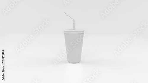 Blank plastic cup with straw, isolated mockup on white background. 3d illustration.