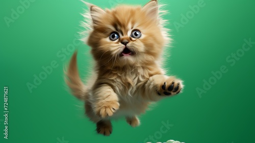 A Himalayan kitten in the air startled surprised and incredibly cute, great for a website header or for other graphic design needs. Green Background.