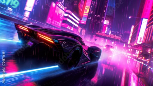 Racing car in a 3D video game with neon lights and speed. 3d video game concept