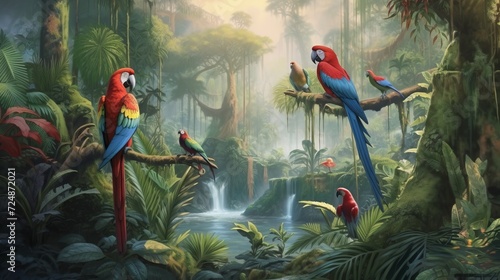 Illustration of a tropical rainforest with parrots , generated by AI