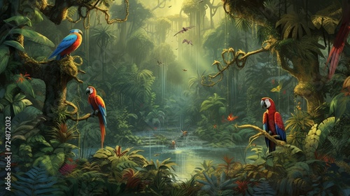 Illustration of a tropical rainforest with parrots , generated by AI photo
