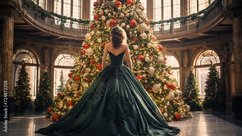 A full-length photo of a huge Christmas tree, standing below it and facing away from the camera is a beautiful lady in a Christmas ball gown. Generative AI.