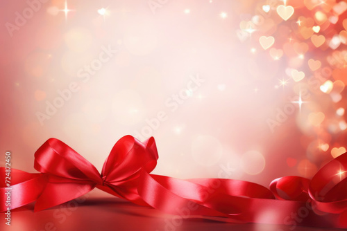 Festive background for Valentines Day greeting card. Red satin ribbon curls with a bow closeup with bokeh lights in the shape of hearts. Love, romance, date, anniversary celebration decor.