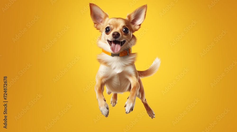 A chihuahua jumping into the air got at the apex of their jump, with great expression of exuberance and joy as well as anticipation.  yellow studio
