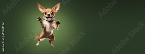A chihuahua jumping into the air got at the apex of their jump, with great expression of exuberance and joy as well as anticipation.  green background, 