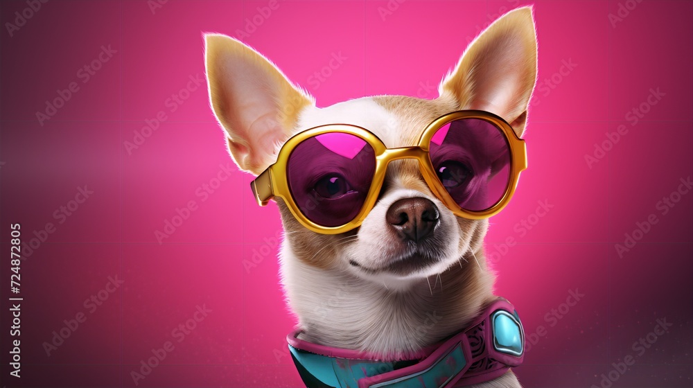 chihuahua wearing sunglasses in studio, determined abstract look of confidence, AI Generated 