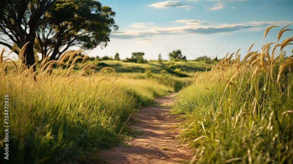 A path winds through a field of tall grasses at sunset, creating a beautiful summer landscape