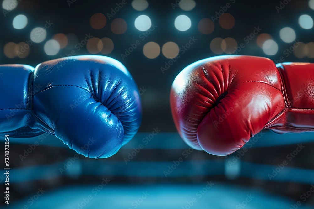 Red and blue gloves, opposite each other in the boxing arena, create a vibrant image of rivalry 