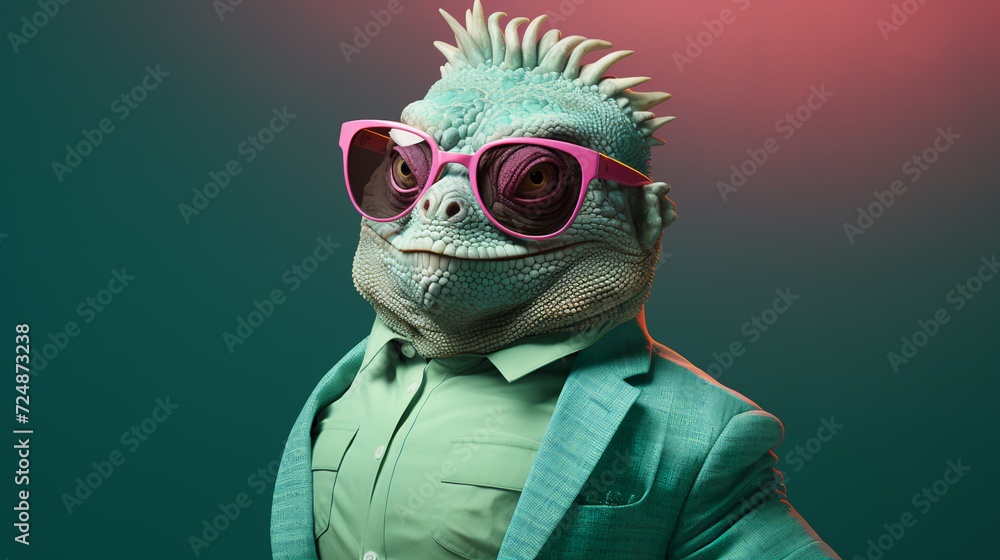 An iguana dressed in a suit, perplexing human like expression. Just matter of fact, wearing sunglasses dressed in green with pink rimmed sunglass. AI Generated. 