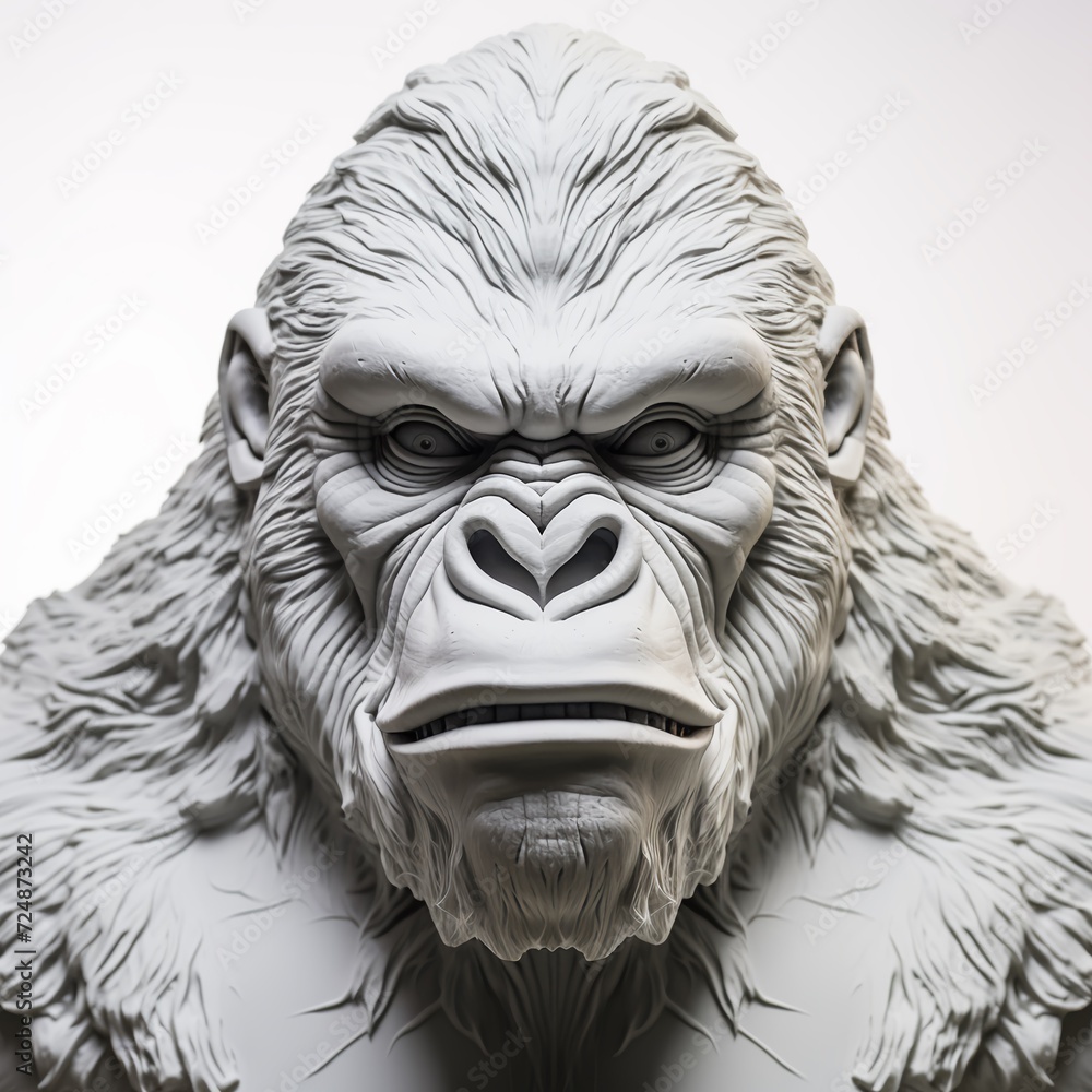 Gorilla made from plaster and hanging on the wall, bust of a large animal, highly detailed and majestic. Studio lighting. AI Generated. Gorilla made from plaster and hanging on the wall, bust of a large animal, highly detailed and majestic. Studio lighting. AI Generated.