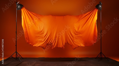 Halloween background of orange silk fabric blowing int he wind between two studio fixtures. graphic design element studio lighting. AI Generated  photo