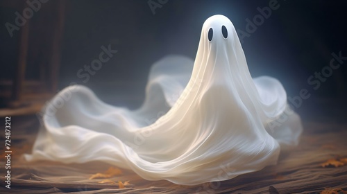 A small whispy ghost on wooden floor, innocent and not scary. peaceful and nice friendly ghost. AI Genrated  photo