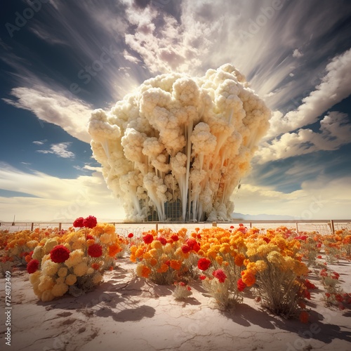 A beautiful photo of a tree depicting a nuclear explosion or mushroom cloud in the white sands dessert. Elegant beauty of destruction.  © Stacy