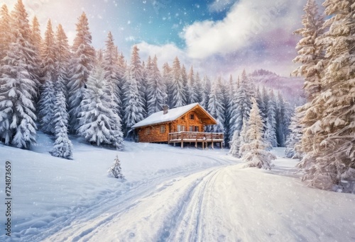 A stylish multicolored painting of a snowy landscape with pine trees and a cabin on a textured wallpaper with a white color © Sohel