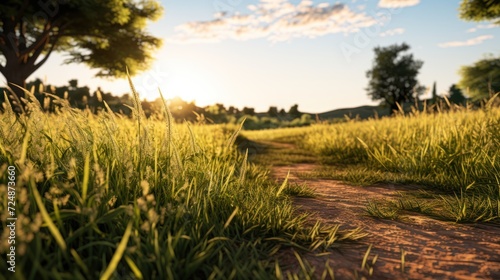 A scenic route runs through a field of tall grasses as the sun dips below the horizon, forming a stunning summer tableau