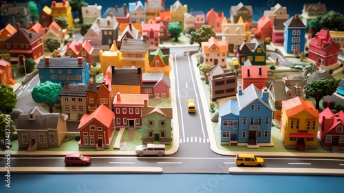 Model of a small town and cars in the style of Mr rogers neighborhood.  AI generated. 