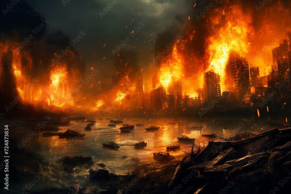Burning city under attack, apocalyptic destruction. War themed illustration. Generative AI