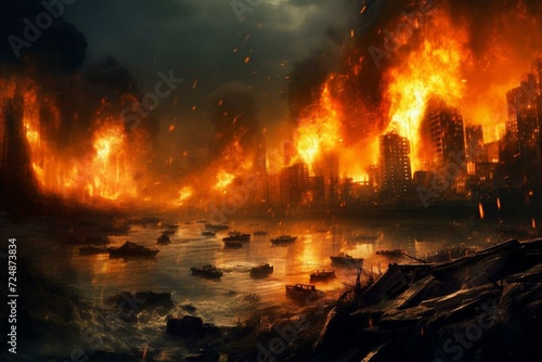 Burning city under attack, apocalyptic destruction. War themed illustration. Generative AI © Yana