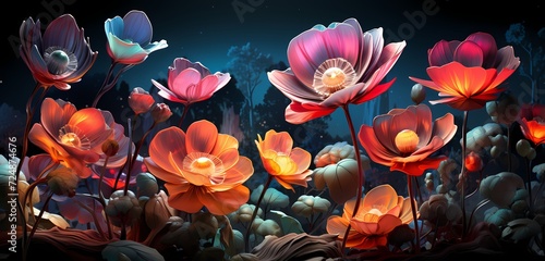 AI-generated neon-infused flora, reminiscent of a digital garden, blossoming in vibrant hues against a deep, isolated black background © design master