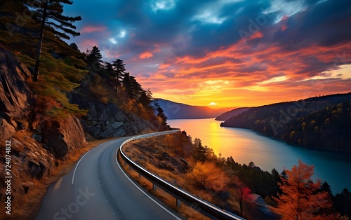 reality photo Colorful road  forest  trees  Sky  sunset. very beautiful scenery