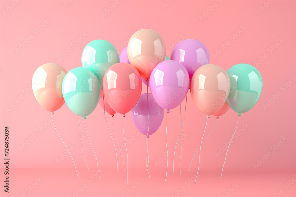 Pink balloons in the concept of Valentine Day in 3D illustration style on a colorful background