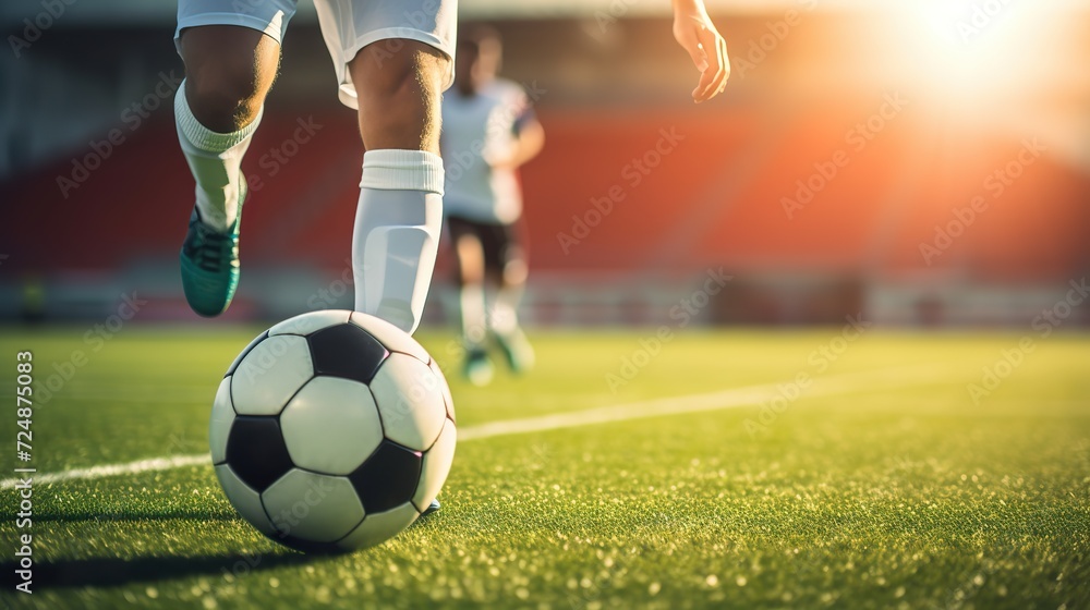 Soccer Match Intensity, Player Dribbling on Big Stadium Field