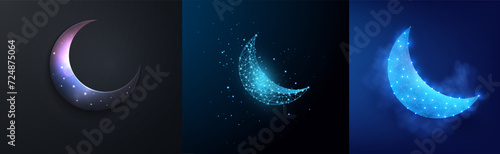 Crescent Moon Phases in Different Styles Low poly. Three crescent moon illustrations in varying designs against dark backgrounds. Crescent Moon Trio: Artistic, Geometric, and Glowing Digital Art. 