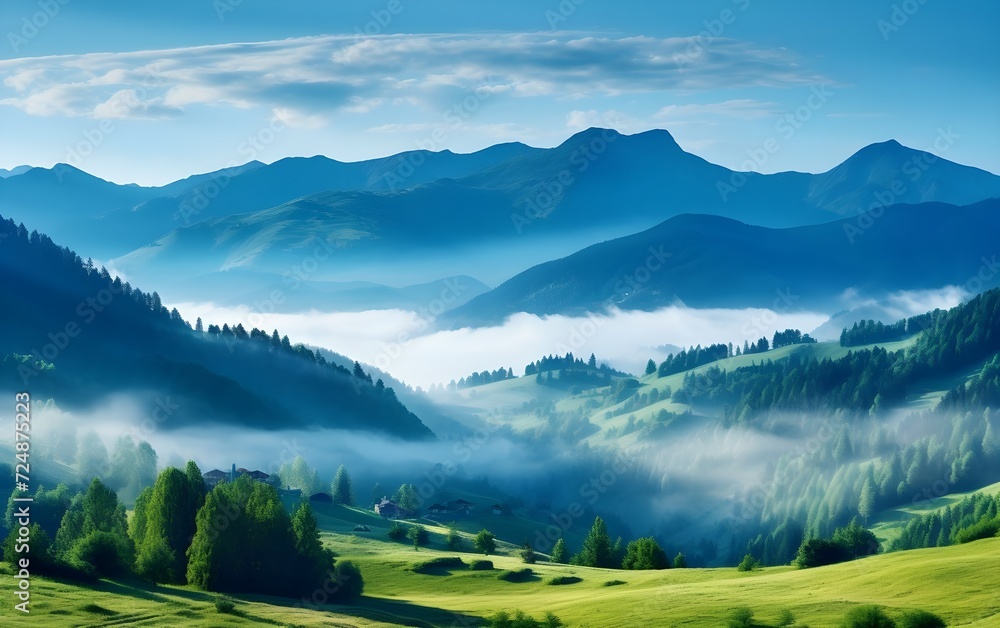 reality photo Panorama of a summer morning in the mountains is very beautiful