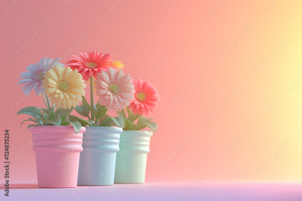 Flowers in a pot in the concept of growth in 3D illustration style on a colorful background