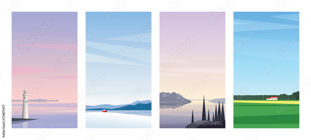 Set of vertical vector landscapes with views of nature. Banners for mobile website and advertisement. Sky gradients, flat design