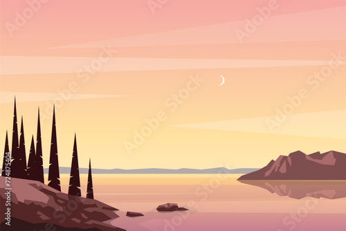 Northern mountain lake landscape. Sunset at rocky sea shore with trees. Nature outdoor scene from vacation or hiking trip. Vector background in flat style