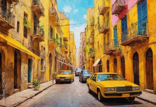 A stylish multicolored painting of a vibrant city street on a textured wallpaper with a bright yellow color.