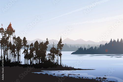 Vector landscape view of nature lake with realistic silhouette of forest trees and mountains in early morning, outdoor environment illustration