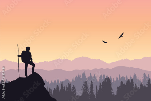 Vector landscape, silhouette of a lonely traveller on top of a rock, sunset nature illustration