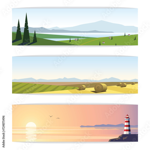 Set of panoramic vector landscapes with views of nature, outdoor travel illustration in flat style